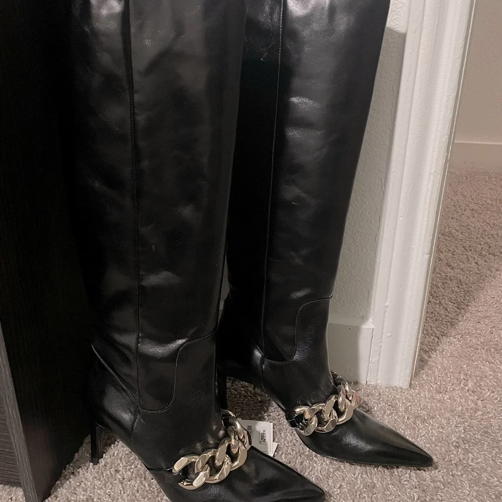 Zara Heeled Leather Knee High Boots With Chain Detail - Picture 7 of 16